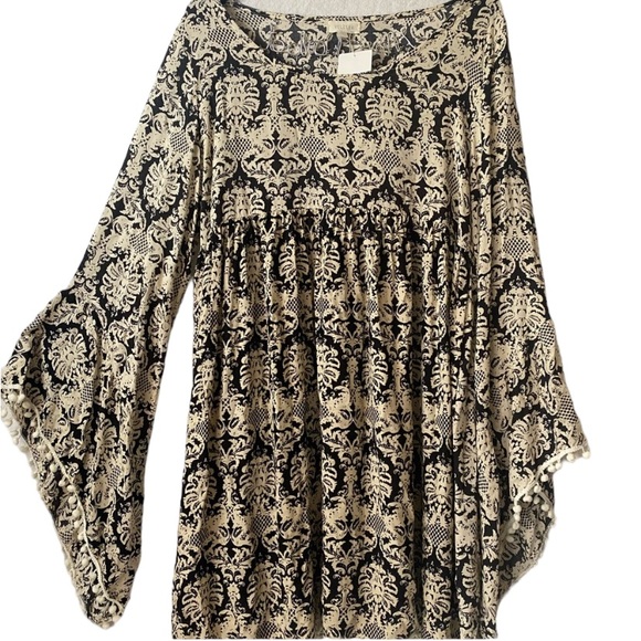 Velzera Black Damask Bell-Sleeve Bohemian Pattern Midi Dress Women’s Size L - Picture 9 of 16